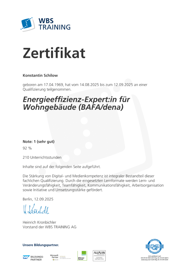 Zertifikat: Energieeffizienz-Experte für Wohngebäude (dena) – Konstantin Schilow